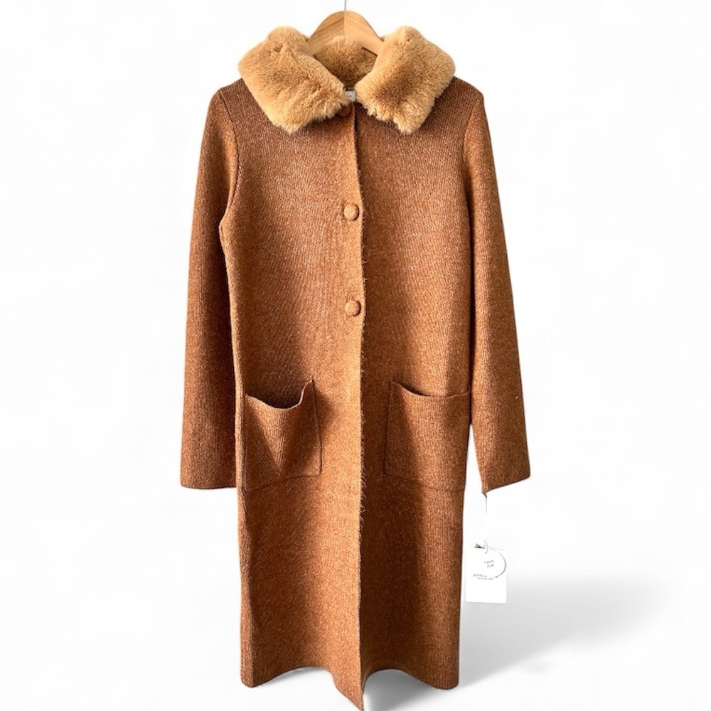 Song of Style Tan Faux Fur Trim Long Cardigan Sweater NWT Size M